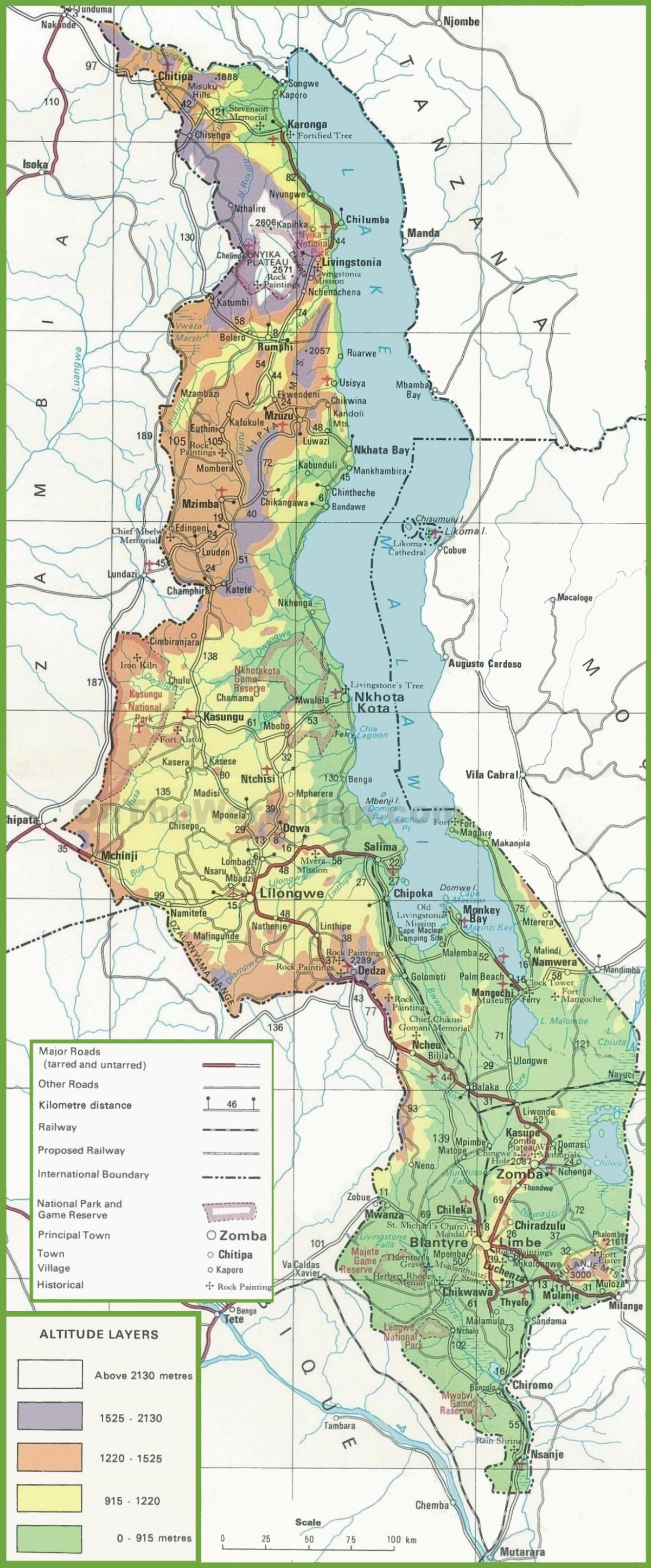 mappa di mappa fisica del Malawi