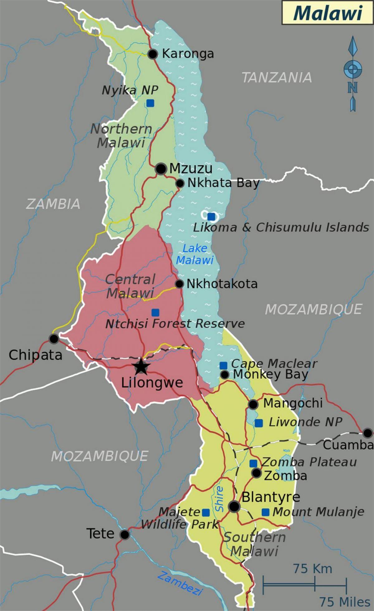 mappa del lago Malawi in africa