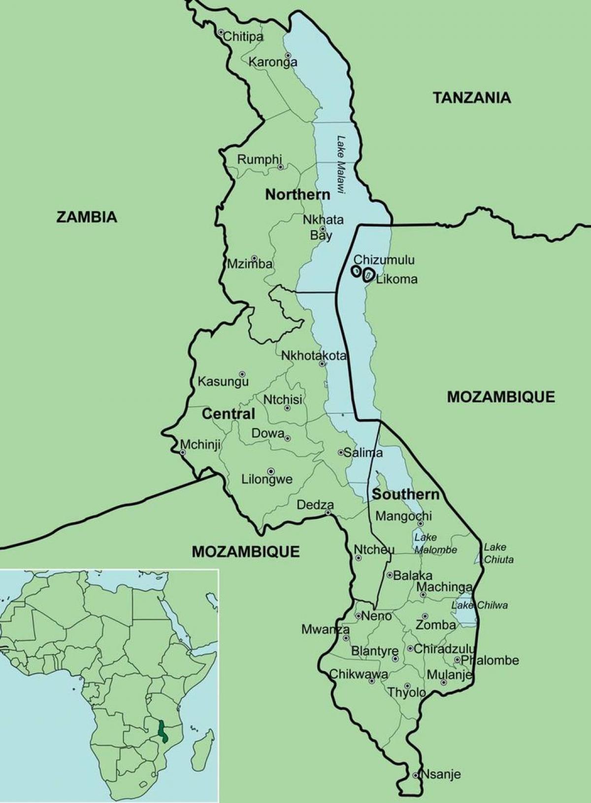 mappa del Malawi mostrando distretti