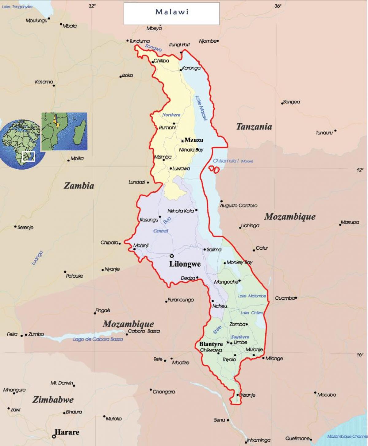 mappa del Malawi politico