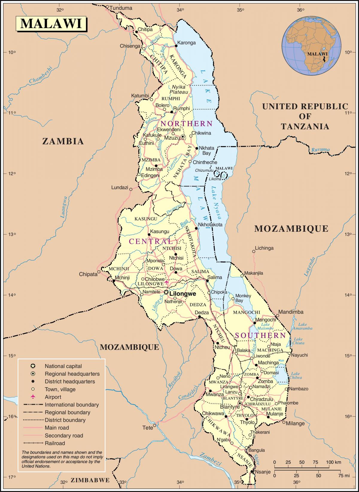 mappa del Malawi mostrando strade